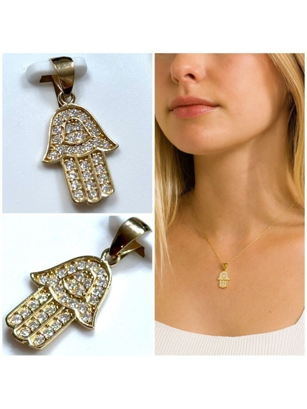 Moissanite and Gold over 925 Sterling Silver Hamsa Pendant